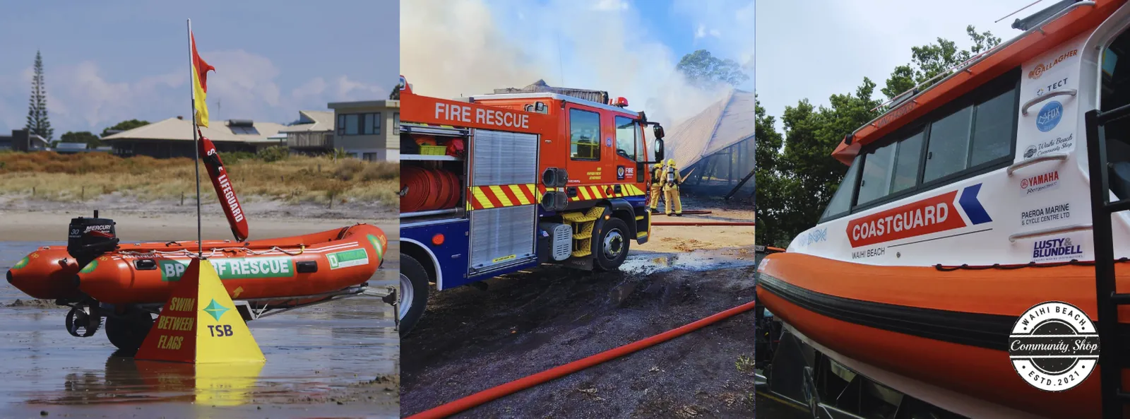 A Waihi Beach Lifeguard Services rescue boat on the beach, a fire engine at work, and the Waihi Beach Coastguard vessel showing the Community Shop as a sponsor